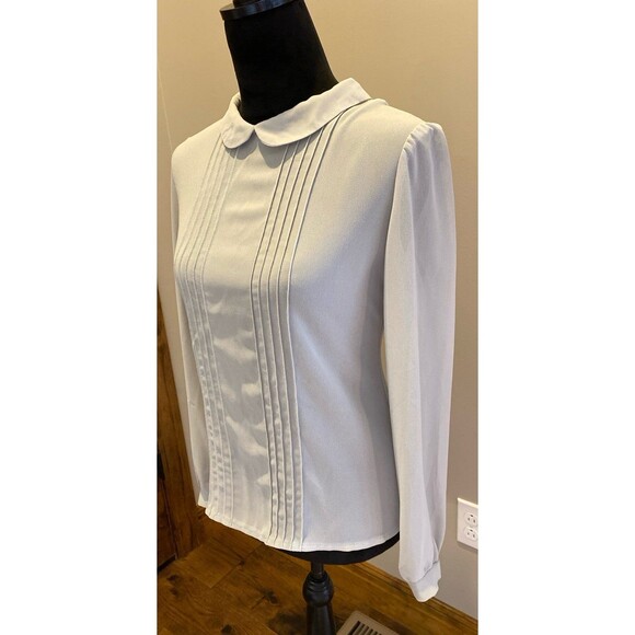 Jonathan Martin Blouse Sz 13 / 14 Fitted Sheer Gray Peter Pan Collar Button Back - Picture 4 of 12